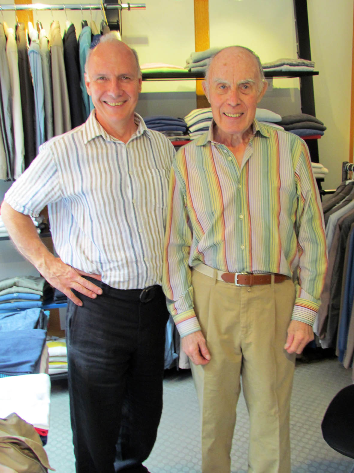 Bill Bird with David Graham - alias Parker, Grandpa Pig and Wise Old Elf - at Bill Bird Shoes' fitting room in Grey Flannel London
