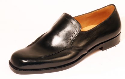handmade black elastic on instep dress shoe with stitch and brogue detail for swollen toe joint