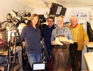 Filming at Bill Bird’s workshop in Moreton in Marsh: (left to right) Lynwen and David Brown from Artisan Media with Bill Bird and Richard Paice, Past Master of the Worshipful Company of Pattenmakers and member of the Pattenmakers Company Charitable Foundation.